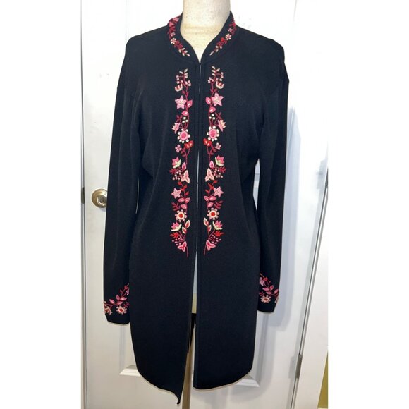 Black Longline Cardigan Floral Embroidery Cedricci Size XL Womens Jacket Sweater - Picture 1 of 6